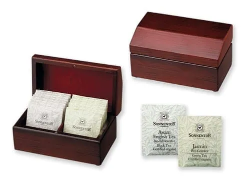 Tea bags set in wooden box steam – promotional product with your logo