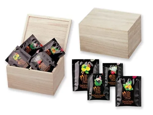 Tea bags set in wooden box caddy – promotional product with your logo